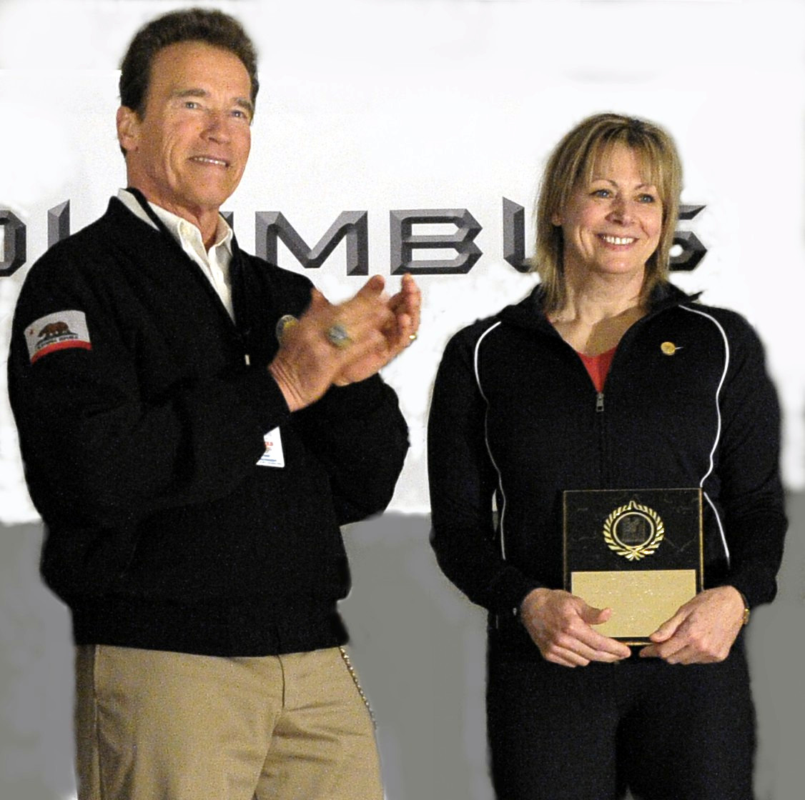 Schwarzenegger, pictured with 1987 world champion American Karyn Marshall, presenting awards at the USA Weightlifting Hall of Fame in 2011 in Columbus, OhioSchwarzenegger, pictured with 1987 world champion American Karyn Marshall, presenting awards at the USA Weightlifting Hall of Fame in 2011 in Columbus, Ohio