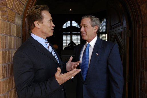 President George W. Bush meets with Schwarzenegger after his successful election to the California Governorship.