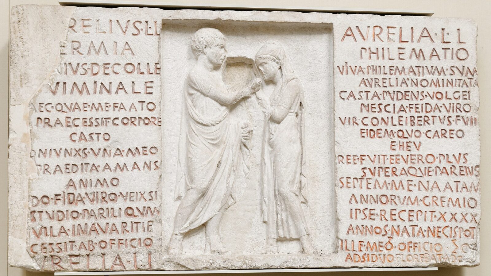 Roman funerary relief of Aurelius Hermia and Aurelia Philematium
